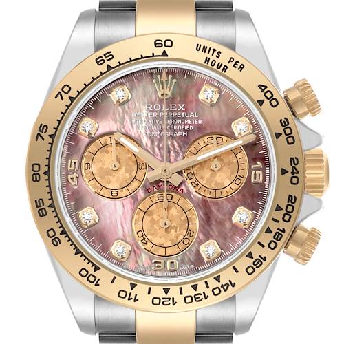 The Rolex Daytona watch is shown from a front angle, displaying its dial, bezel, subdials, and crown.