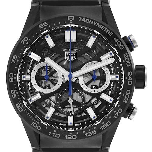 This image shows a close-up of the Tag Heuer Carrera watch face, highlighting its tachymeter, sub-dials, and intricate details.