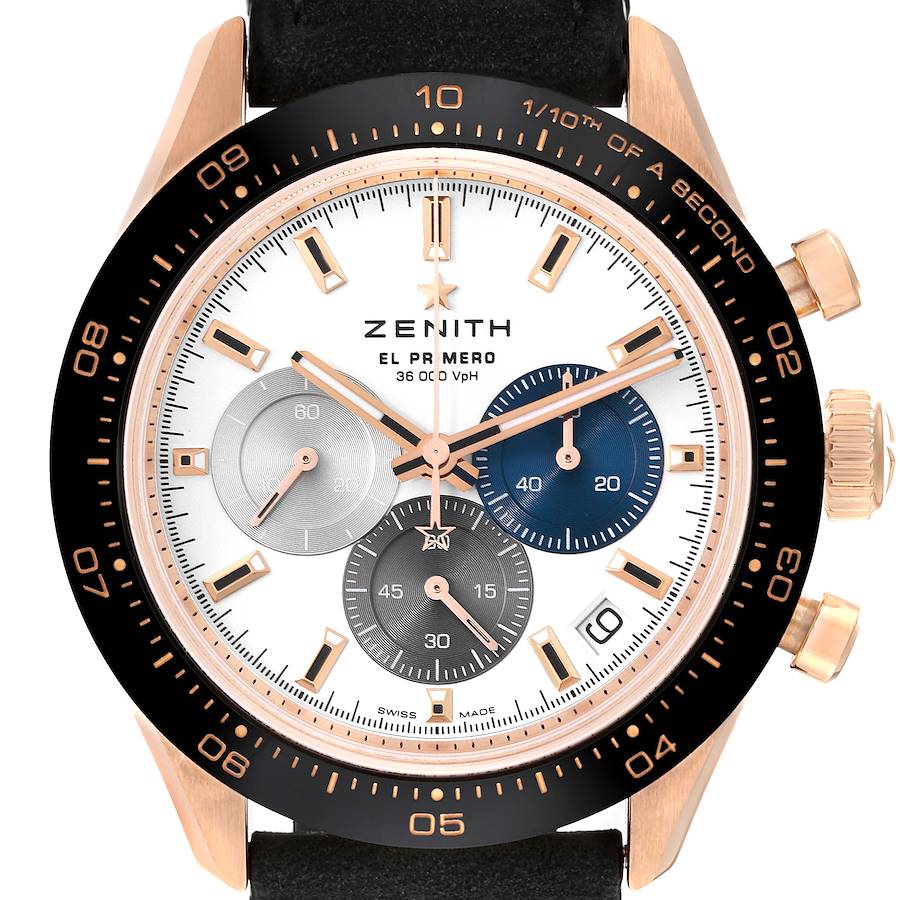 The image shows the front view of a Zenith Chronomaster watch, highlighting its dial, bezel, subdials, and crown.