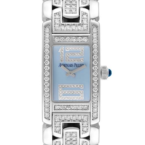 This image shows a close-up, front view of a rectangular, diamond-encrusted Audemars Piguet Vintage watch.