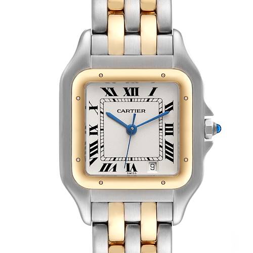 The image shows a front view of the Cartier Panthere watch, featuring its dial, bezel, crown, and part of the two-tone metal bracelet.