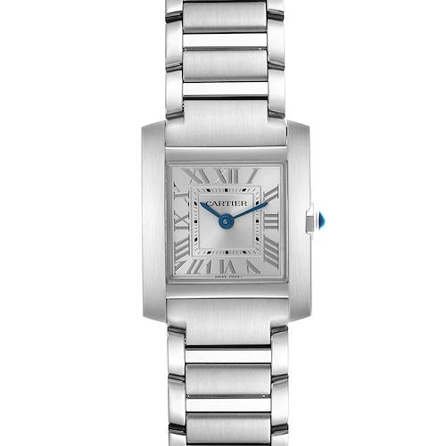 The Cartier Tank Française is shown from the front, highlighting the dial, case, and part of the bracelet.