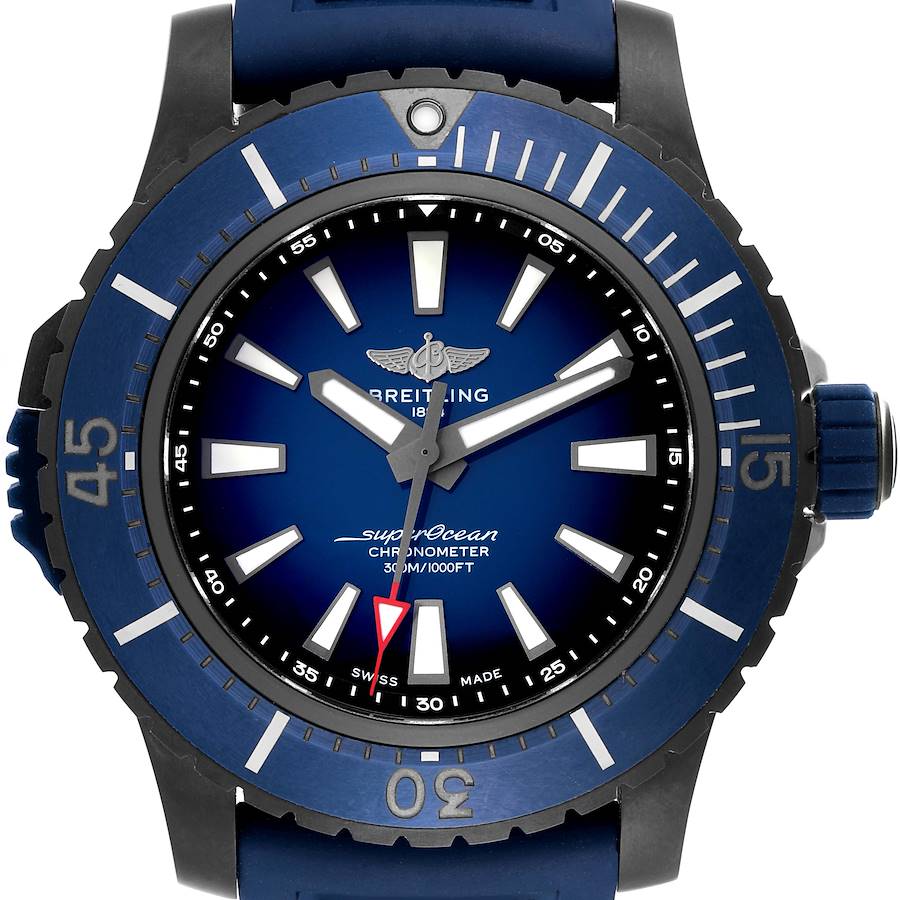 This Breitling Superocean watch is shown from a front angle displaying the dial, bezel, hands, and indices.