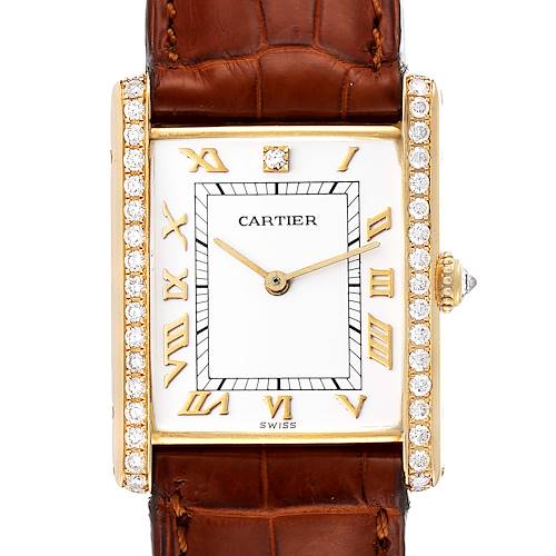 The image shows a front view of the Cartier Tank Classic watch, highlighting its face, bezel, and brown leather strap.