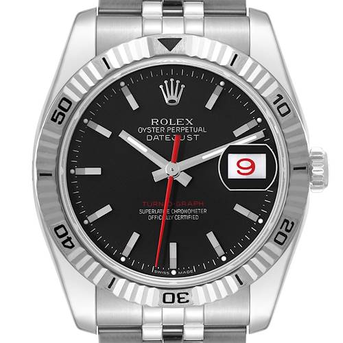This Rolex Turn-o-Graph watch is shown from a straight-on angle, displaying the black dial, fluted bezel, date window, and part of the stainless steel bracelet.