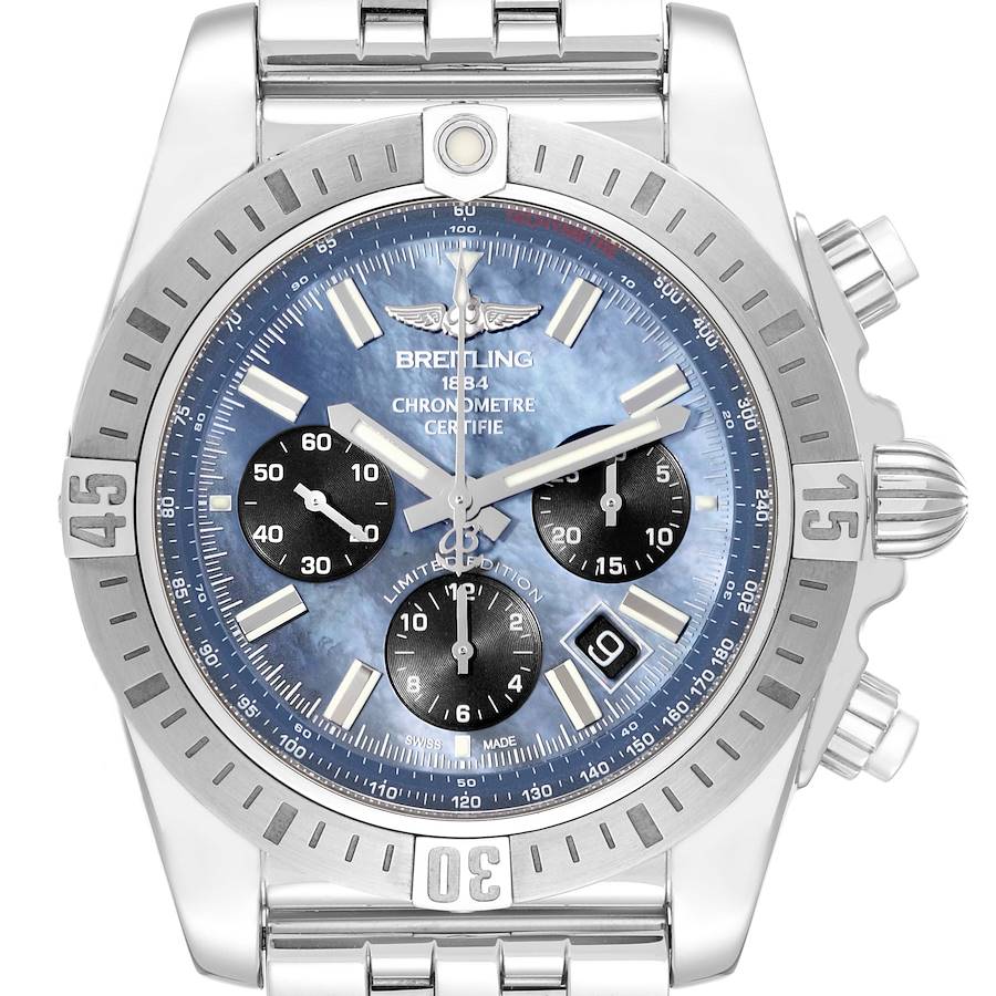 The image shows a front view of the Breitling Chronomat watch, displaying the dial, bezel, and pushers.