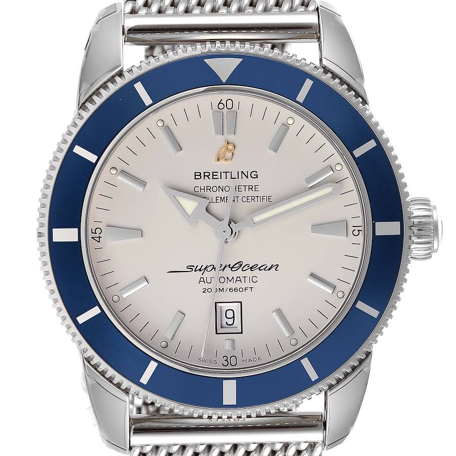 This Breitling Superocean watch is shown from a frontal angle, highlighting the dial, bezel, and part of the bracelet.