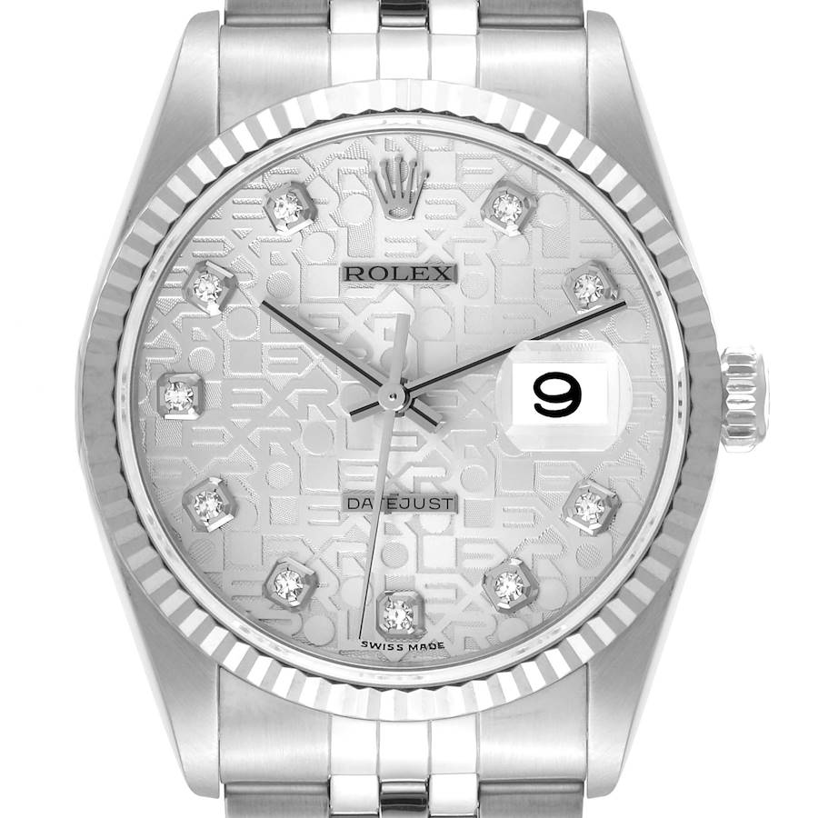 This image shows a front view of the dial and bezel, including the bracelet and date window, of a Rolex Datejust watch.