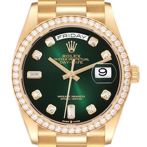 The Rolex President watch is shown from the front, highlighting the green dial, diamond bezel, and day-date display.