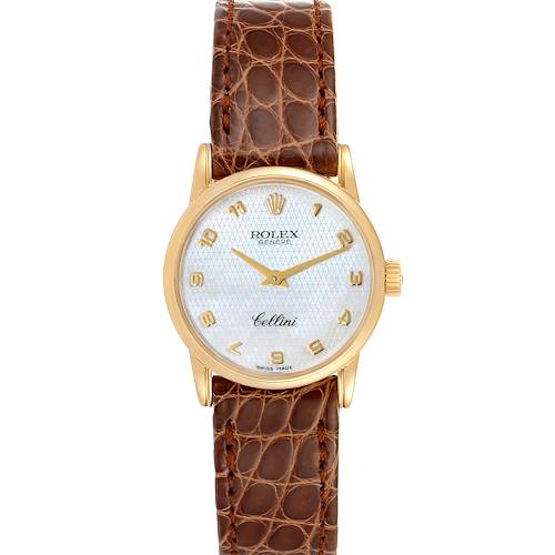 The image shows a front view of the Rolex Cellini watch, featuring a brown leather strap and a gold case.