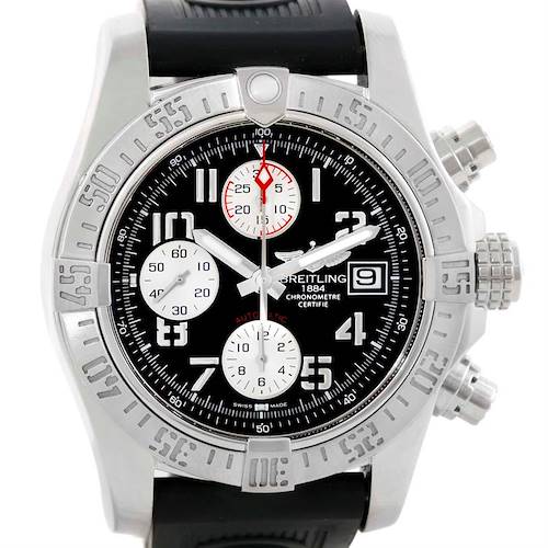 This image shows the front view of a Breitling Avenger watch, highlighting its dial, bezel, and chronograph features.