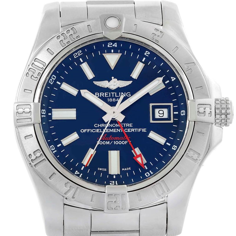 The image shows a front view of the Breitling Avenger watch with its dial, bezel, and part of the bracelet visible.
