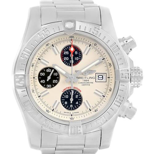 This Breitling Avenger watch is shown from the front, displaying its dial, bezel, and chronograph subdials.