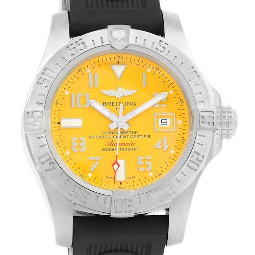 This image shows a frontal view of a Breitling Avenger watch with a yellow dial and black rubber strap.