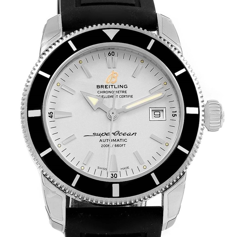 This image shows a frontal view of the Breitling Superocean watch, including the dial, hands, bezel, and part of the strap.