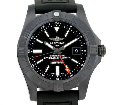 The image shows a front view of the Breitling Avenger watch, displaying its black dial, luminescent hands, and date window at 3 o'clock.