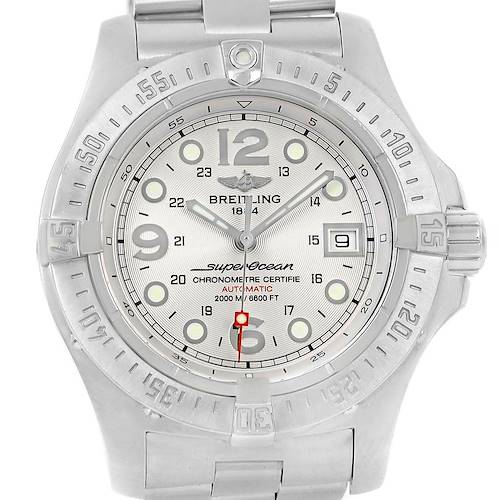 The image shows a front view of the Breitling Superocean watch, highlighting its dial, bezel, and stainless steel bracelet.