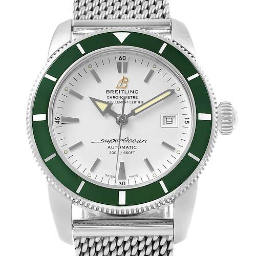 The image shows a front view of a Breitling Superocean watch, highlighting the face, bezel, and part of the bracelet.