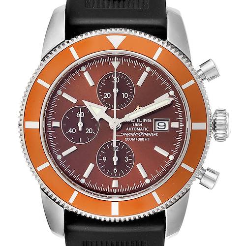 The image shows a front view of the Breitling Superocean watch highlighting its bezel, dial, subdials, and date window.