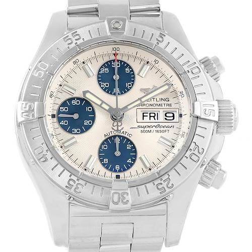This is a close-up front view of the Breitling Superocean watch, showing the face, bezel, and part of the bracelet.