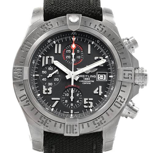 The image shows a front view of the Breitling Avenger watch, highlighting its dial, bezel, pushers, and strap.