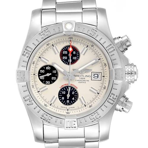 The image shows a frontal view of a Breitling Avenger watch, highlighting the dial, subdials, date window, and bracelet.