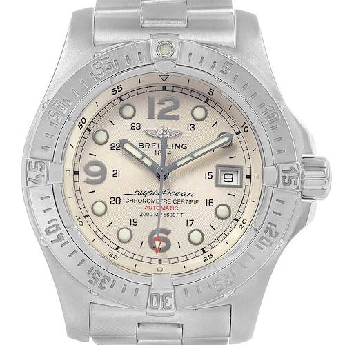 This image shows a front view of the Breitling Superocean watch, highlighting its dial, bezel, and bracelet.