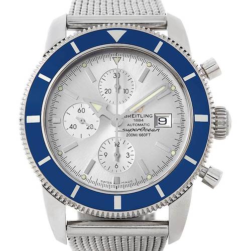 The image shows a front view of a Breitling Superocean watch, highlighting its dial, bezel, hands, and chronograph subdials.