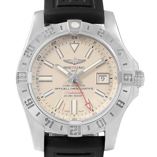 The image shows a front view of a Breitling Avenger watch, highlighting its face, bezel, crown, and strap attachment.
