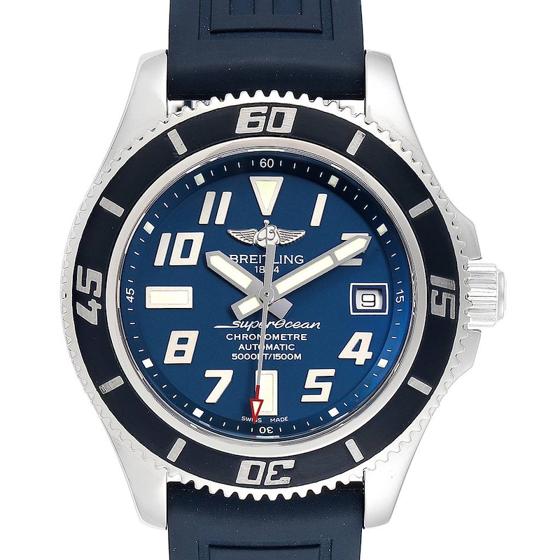 This image shows a front view of a Breitling Superocean watch, highlighting the blue dial, bezel, and rubber strap.