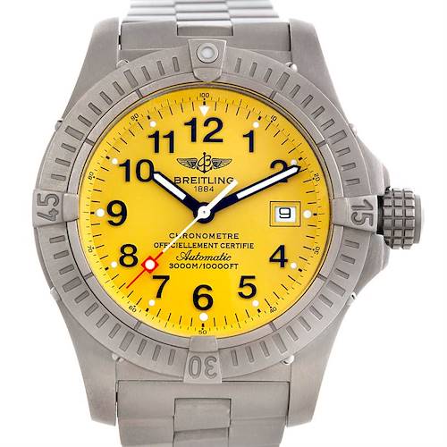 This image shows a front view of a Breitling Avenger watch, highlighting the yellow dial, numerals, bezel, and stainless steel bracelet.