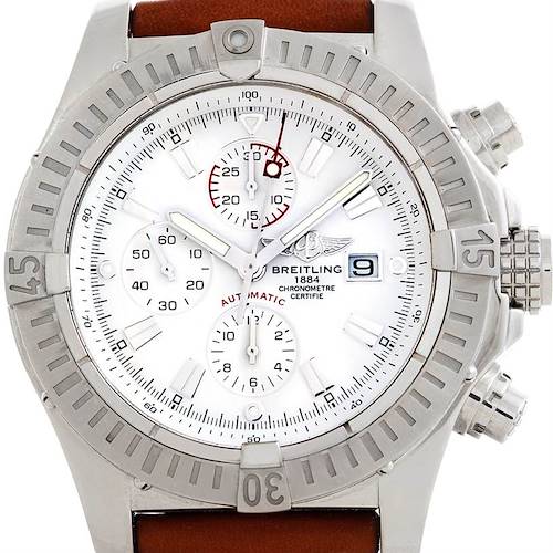The image shows a front view of the Breitling Avenger watch, highlighting its face, bezel, subdials, and a partial view of the band.