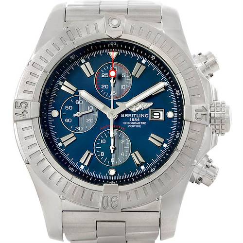 The image shows a frontal view of the Breitling Avenger watch, highlighting its blue dial, chronograph, and stainless steel bracelet.