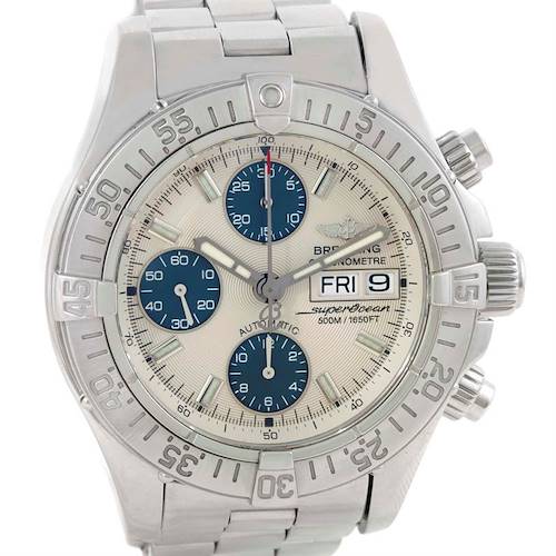 The image shows a front view of a Breitling Superocean watch, highlighting its face, bezel, and side pushers.