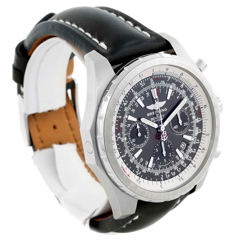 The Breitling Bentley watch is shown at a slight angle, highlighting the bezel, black leather strap, dial, and chronograph sub-dials.
