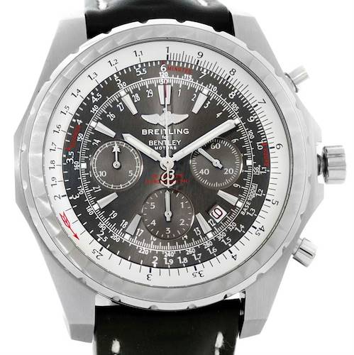 The image shows a frontal view of the Breitling Bentley model watch, including the dial, bezel, crown, and chronograph sub-dials.