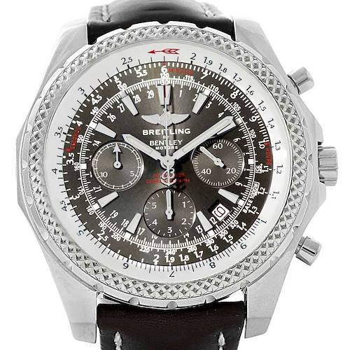 The Breitling Bentley watch is shown from a front angle, highlighting its detailed dial, bezel, and chronograph features.