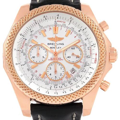 The image shows a front view of the Breitling Bentley watch, highlighting the face, dials, bezel, and part of the strap.
