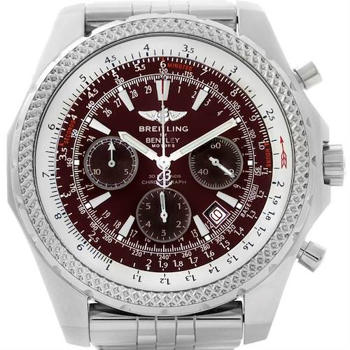 The image shows a front view of a Breitling Bentley watch, highlighting the intricate dial, bezel, and metal bracelet.