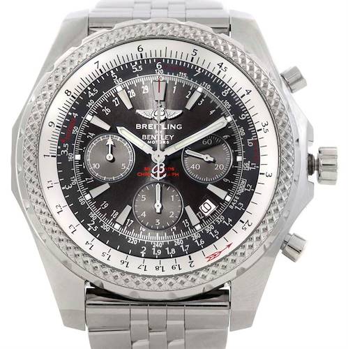 The image shows a frontal view of the Breitling Bentley watch, highlighting its dial, bezel, and bracelet.
