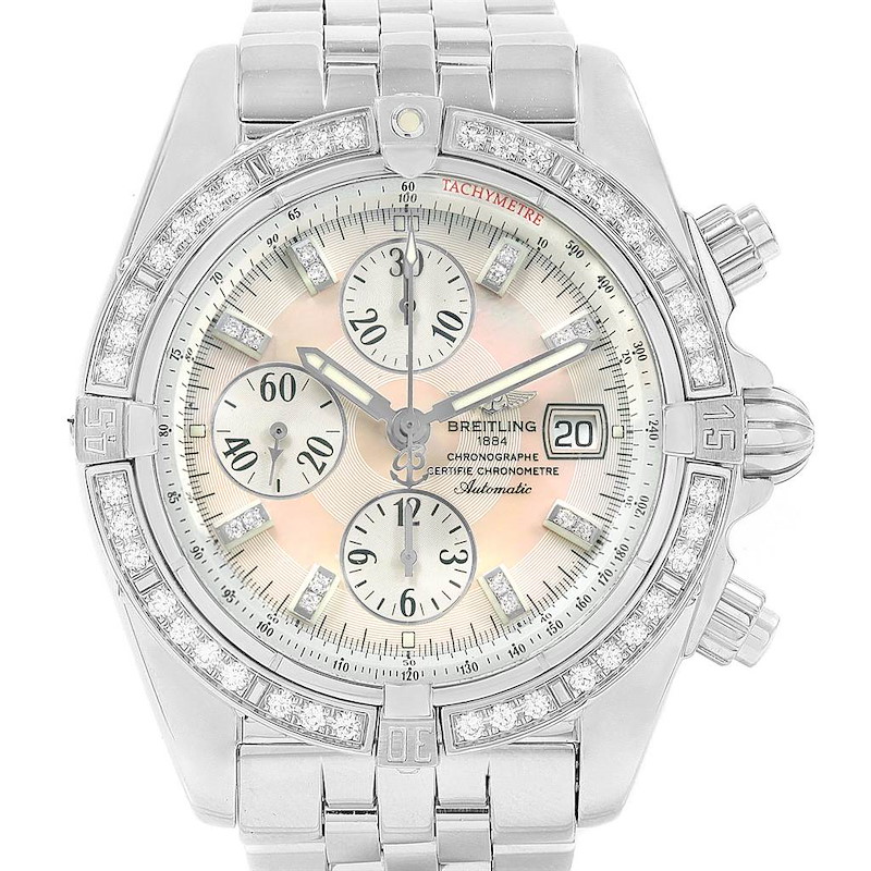 This image shows a close-up, front view of the Breitling Chronomat watch, highlighting the dial, subdials, bezel, and bracelet.