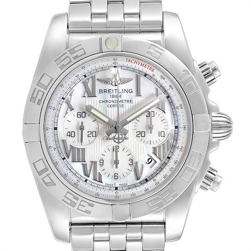 This image shows a full frontal view of the Breitling Chronomat watch, showcasing its dial, bezel, and bracelet.