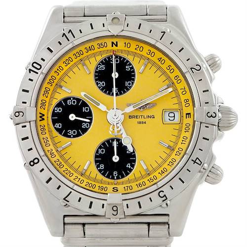 This image shows a front view of the Breitling Chronomat watch, highlighting its yellow dial, chronograph subdials, and date window.