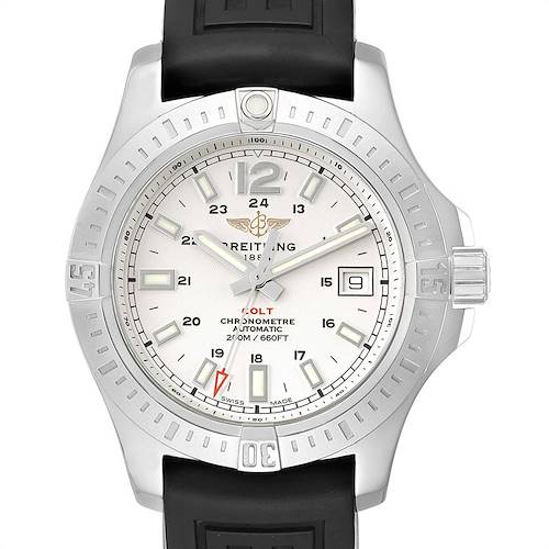 This image shows the Breitling Colt watch's face, bezel, and black rubber strap from a top-down angle.