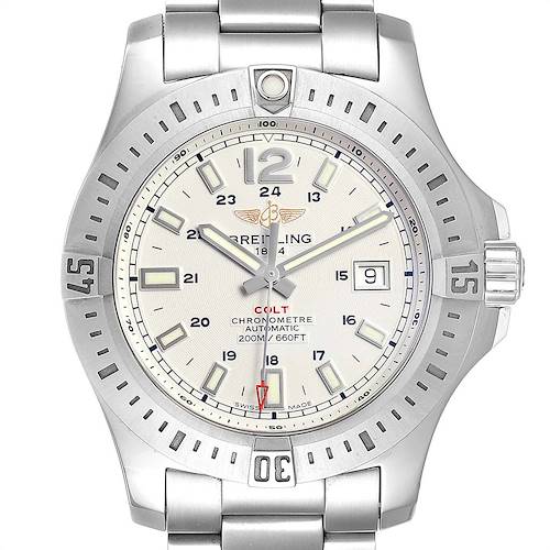 This image shows a front view of the Breitling Colt watch, highlighting the dial, bezel, and bracelet.