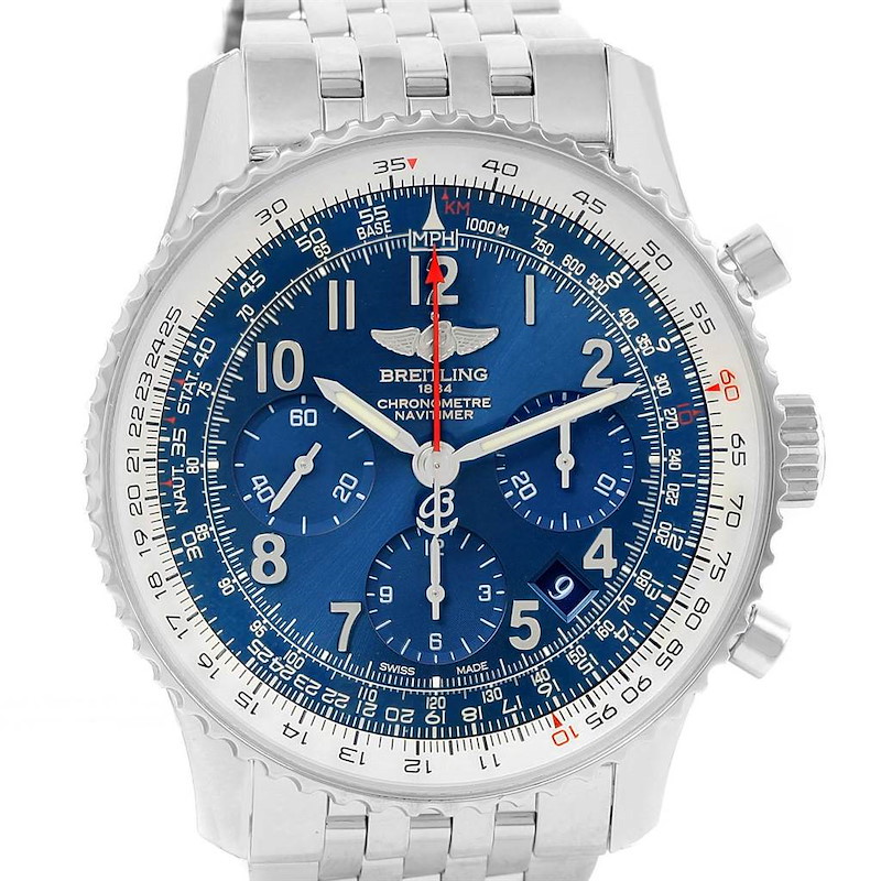 The image shows the face and part of the band of a Breitling Navitimer watch, taken from a front angle.