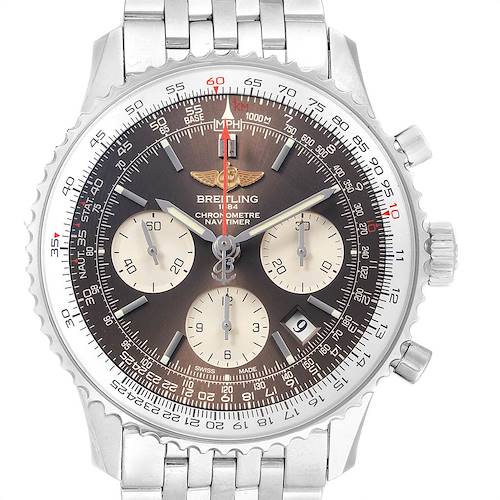 This image shows a Breitling Navitimer watch from a front angle, highlighting its dial, bezel, subdials, and stainless steel bracelet.