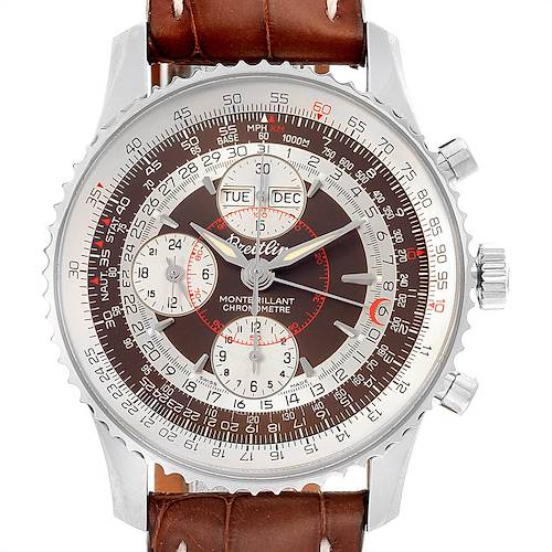 The image shows a Breitling Navitimer watch with a brown leather strap, displaying the face and its detailed chronograph features.