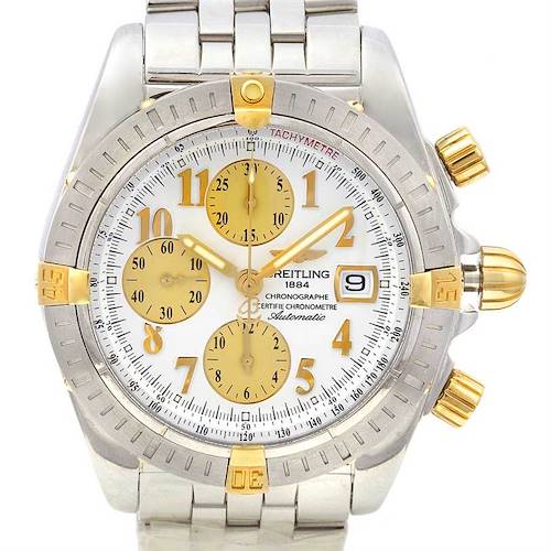 The Breitling Windrider watch is shown from the front, displaying the face, bezel, crown, and part of the bracelet.