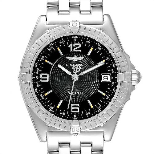 The image shows a Breitling Windrider model watch from a front view, highlighting its face, bezel, and part of its bracelet.